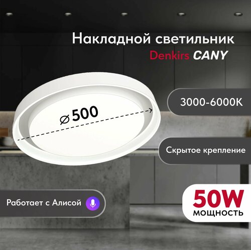 Denkirs (Денкирс) DK6516-WH Накладной светильник со встроенным светодиодом, 50W, IP 20, 3000K - 6500K, управление пульт Д/У (в комплекте) и Wi-Fi 2,4 Ггц. Эко система Tuya Smart, Яндекс. Алиса, белый, металл, полимер