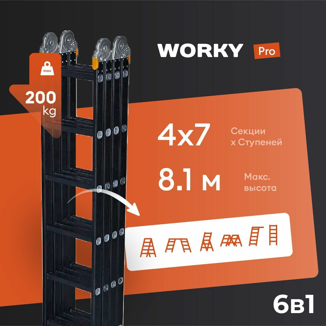 Лестница-стремянка 4x7 трансформер WORKY Pro, высота 8,10м