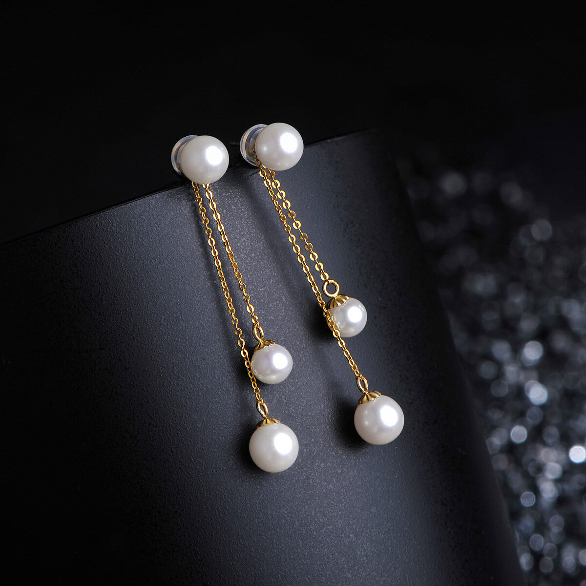 Серьги цепочки, с подвесками, жемчуг имитация, размер 40 мм, золотой — фото 1