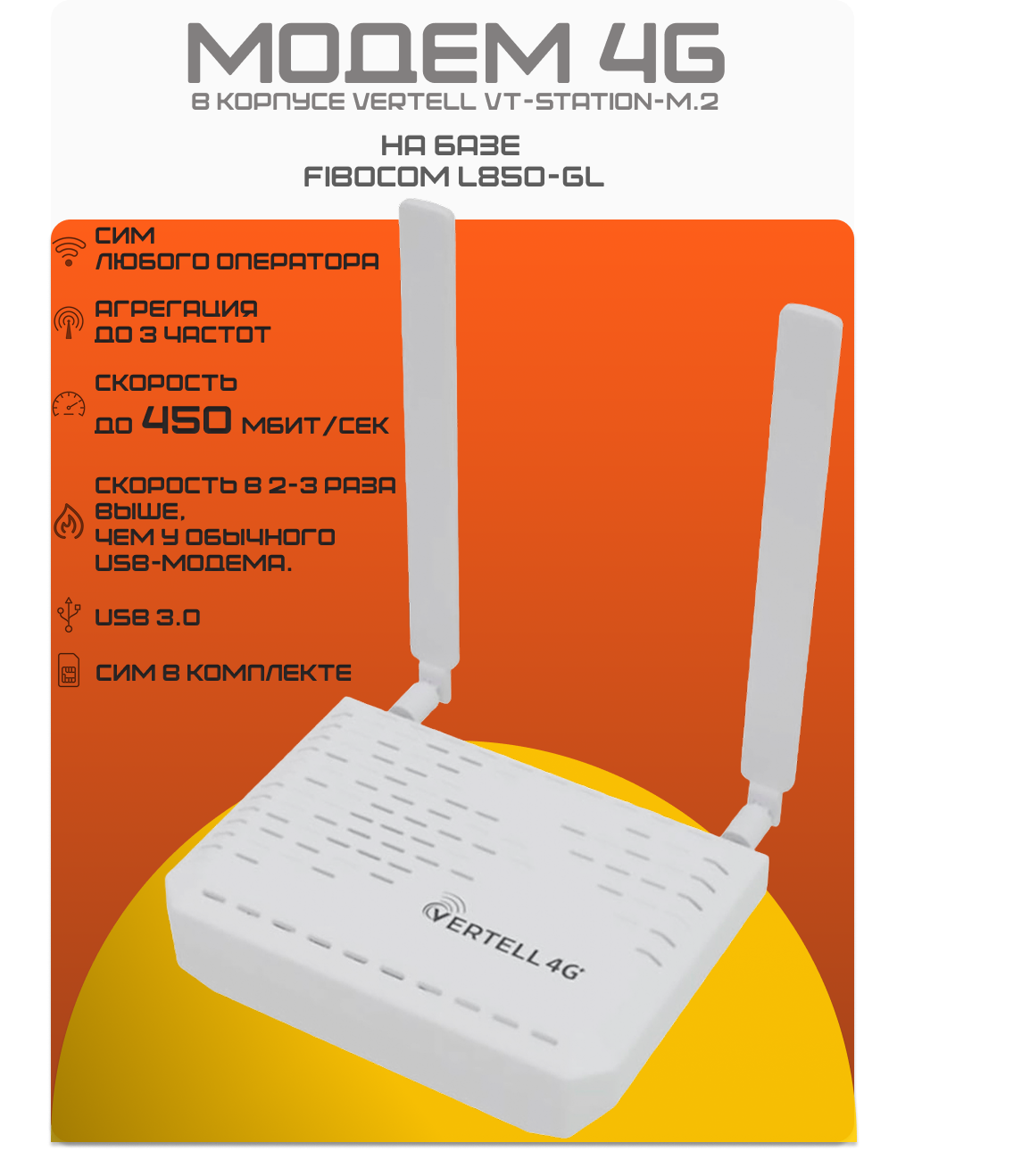 Модем 4G+ LTE Fibocom L850 cat.9 в корпусе Vertell VT-STATION-M.2+Sim-карта в подарок