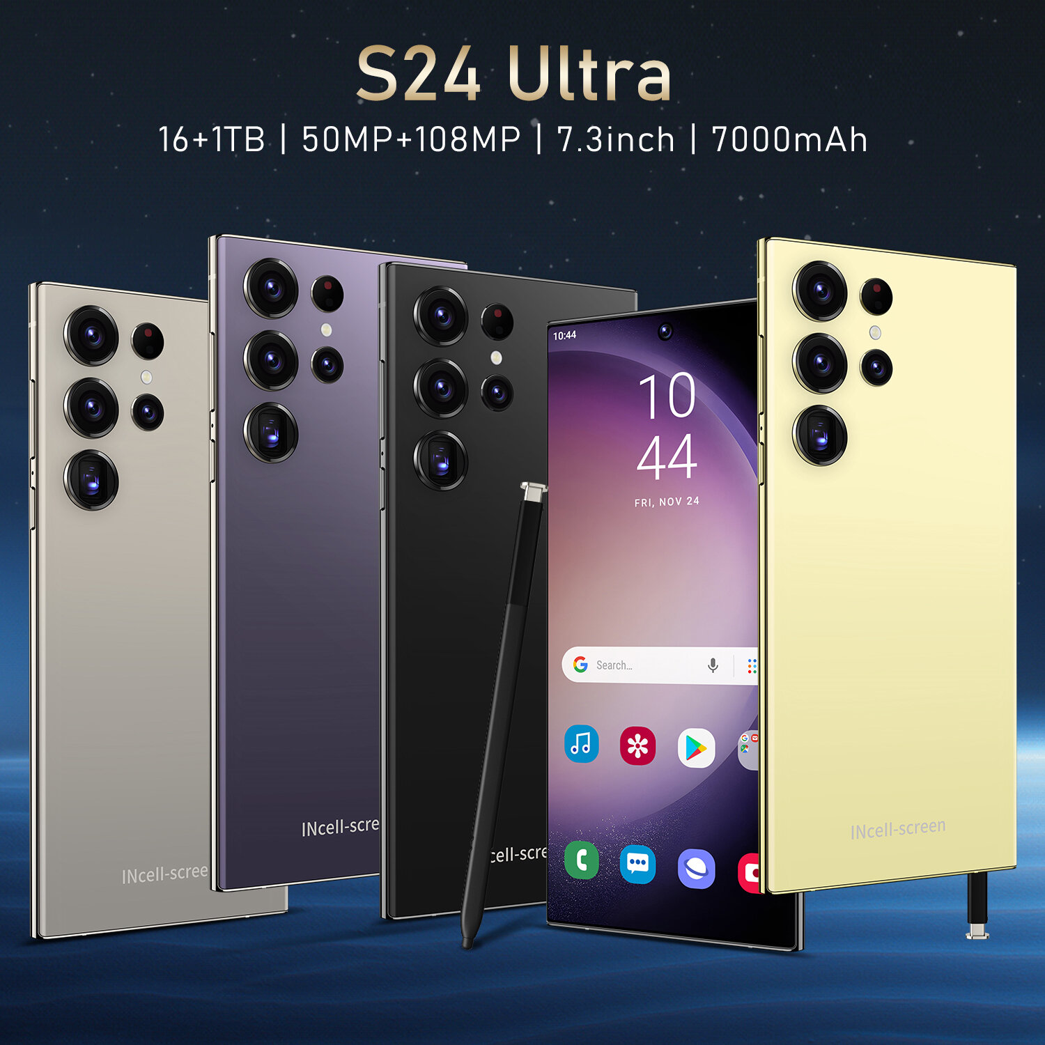 Смартфон S24 Ultra, 7.3", 1TB, Android 14, сканер отпечатка, фронтальная камера 78MP, золото — фото 1