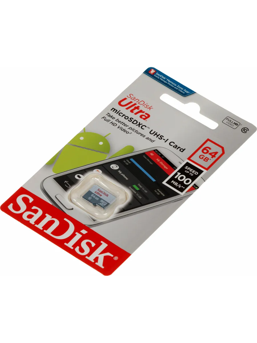 Карта памяти SanDisk Ultra microSDHC 64GB UHS-I, Class 10, до 100 МБ/с, для Android