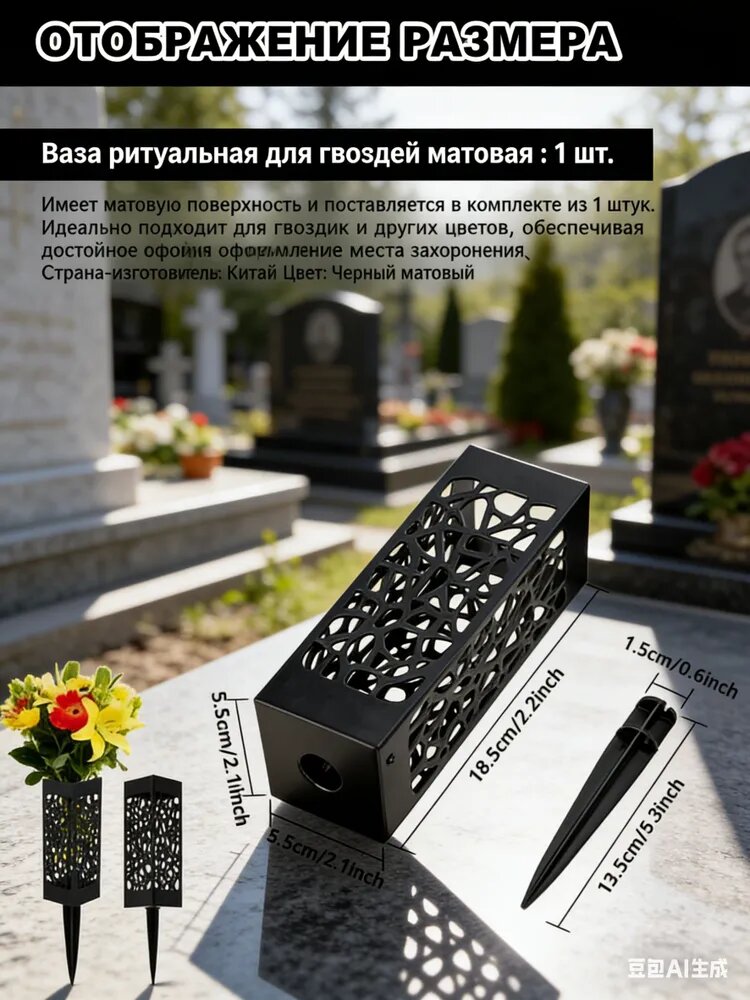 GEALFIS Ваза для кладбища на колышке, ритуальная, атмосферостойкое порошковое покрытие RAL 7024, толщина стенки 1.5 мм, имитация металла, комплект