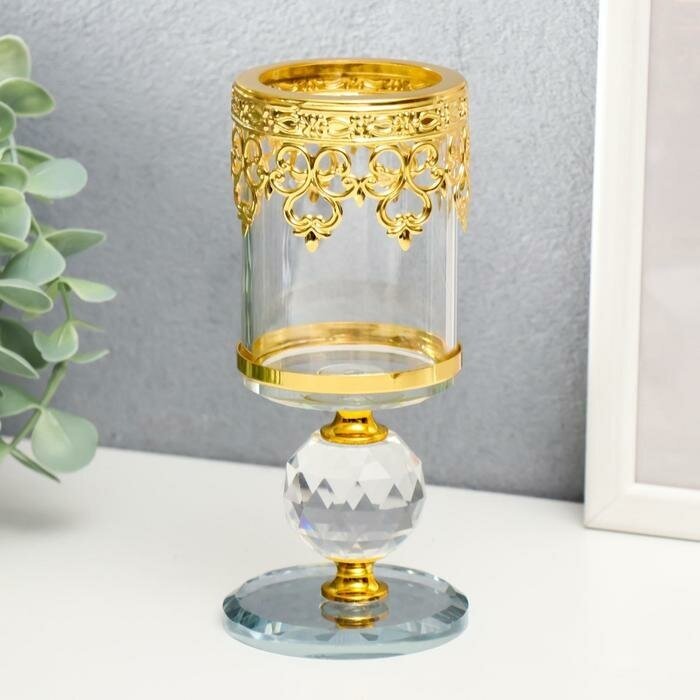 Подсвечник стекло на 1 свечу "Шар кристалл и золотые узоры" 16х6,3х6,3 см - фотография № 1