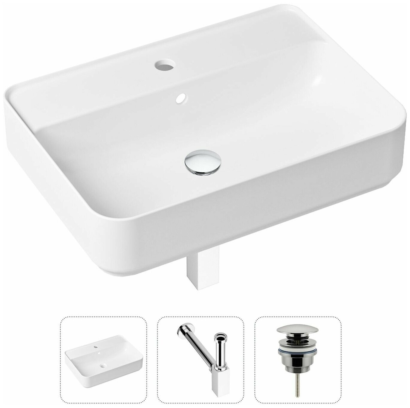 Накладная раковина в ванную Lavinia Boho Bathroom Sink Slim 21520340 в комплекте 3 в 1: умывальник белый, донный клапан и сифон в цвете хром