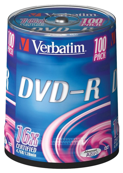 DVD-R Verbatim Носители информации DVD-R, 16x, Verbatim Azo Matt Silver, Cake/100, 43549