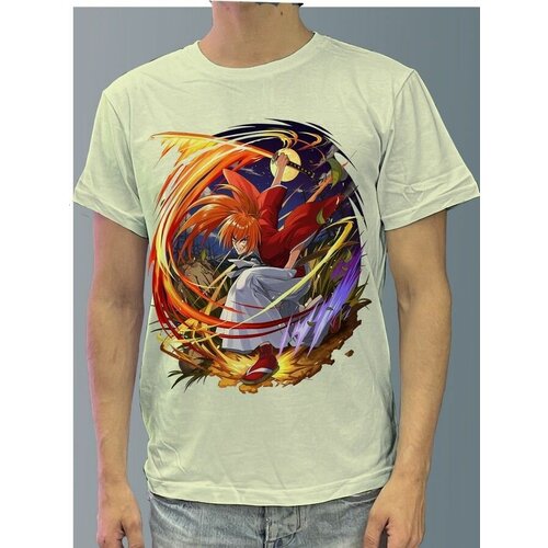 фото Футболка мужская белая молочный оттенок из хлопка с dtf рисунком аниме бродяга кэнсин - 1042 будь на стиле