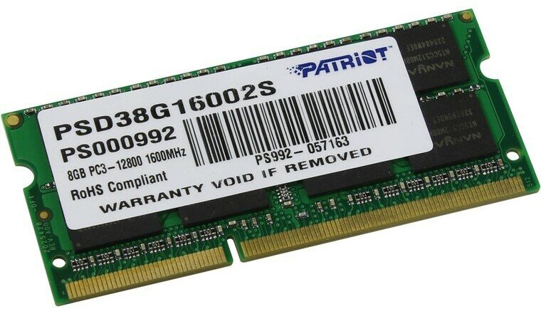 Память SODIMM DDR3 PC3-12800 Patriot PSD38G16002S, 8Гб, 1.5 В