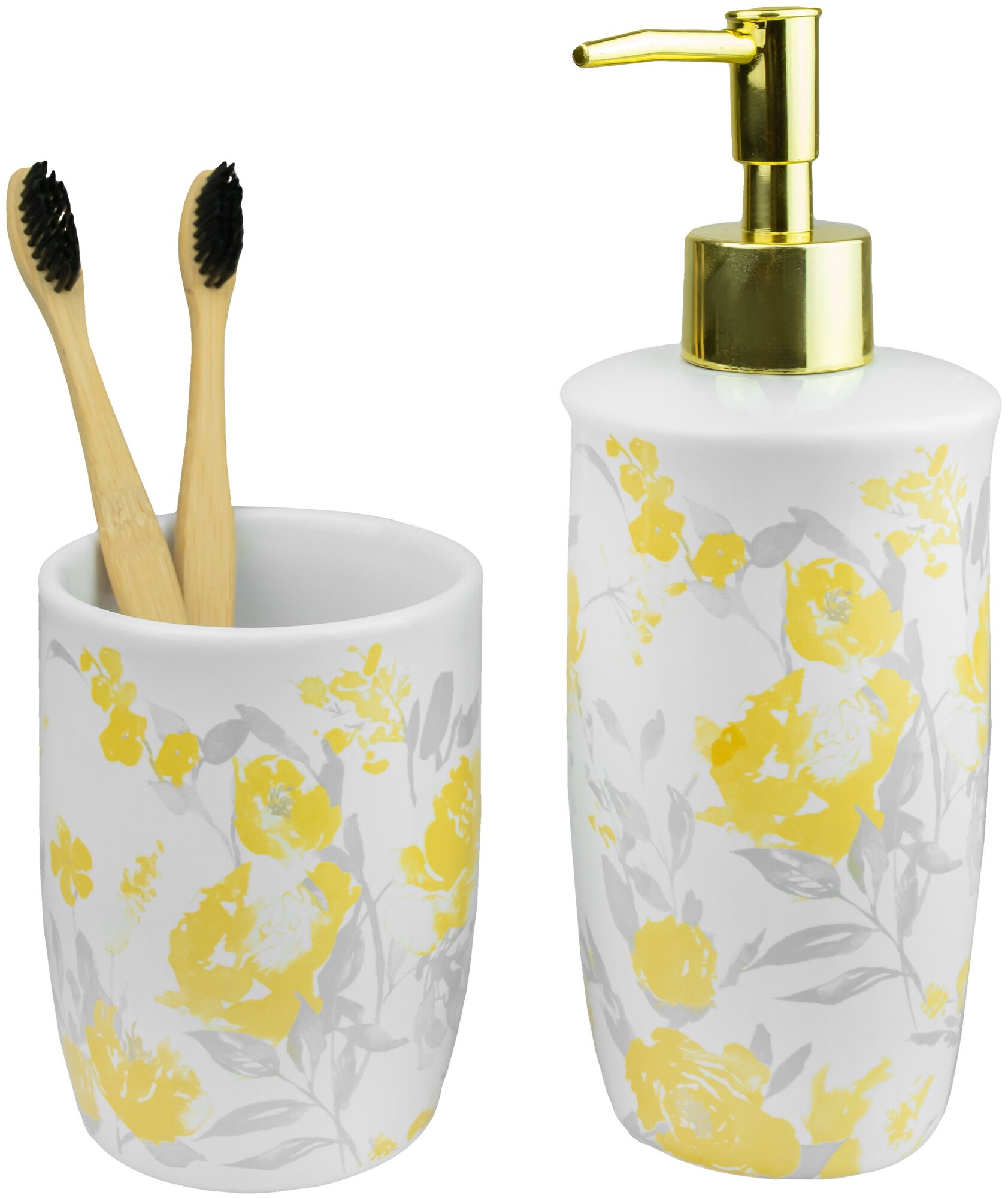 Стакан для зубных щеток с цветами керамический YELLOW TRENDY PROFFI HOME PH11188, белый