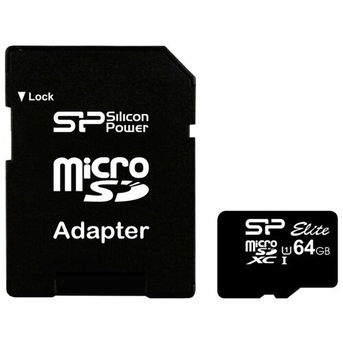Карта памяти Silicon Power microSDXC 64 ГБ Class 10, V10, A1, UHS Class 1, R/W 85/15 МБ/с, адаптер на SD, 1 шт., черный