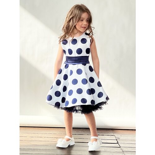 фото Платье бушон, нарядное, в горошек, размер 116-122, белый, синий