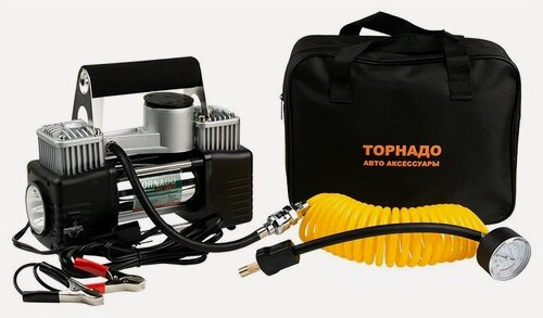 Изображение товара Компрессор автомобильный Торнадо 807 двухцилиндровый с фонарем, 90 л/мин (кейс + шин. инструмент)