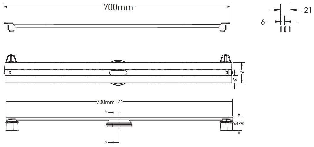 Душевой лоток Berges Super Slim 091153 с решеткой 70x9 см, боковой выпуск, с возможностью изменения длины, цвет хром глянец - фотография № 4