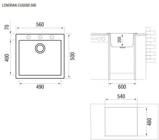 Врезная кухонная мойка 50 см, Longran Cube CUG 560.500, onyx/10 - фотография № 5