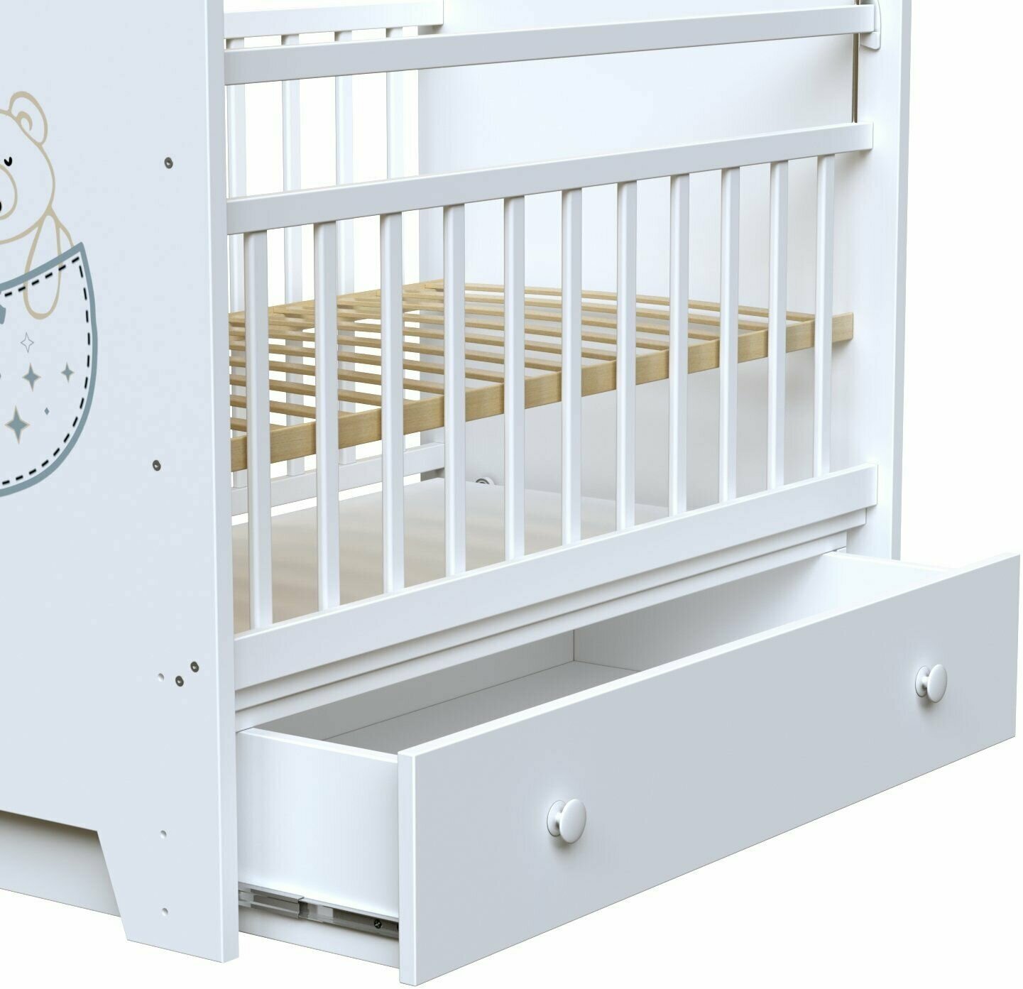 Кроватка детская для новорожденных ВДК Love Sleeping с маятником и ящиком, массив березы, белый