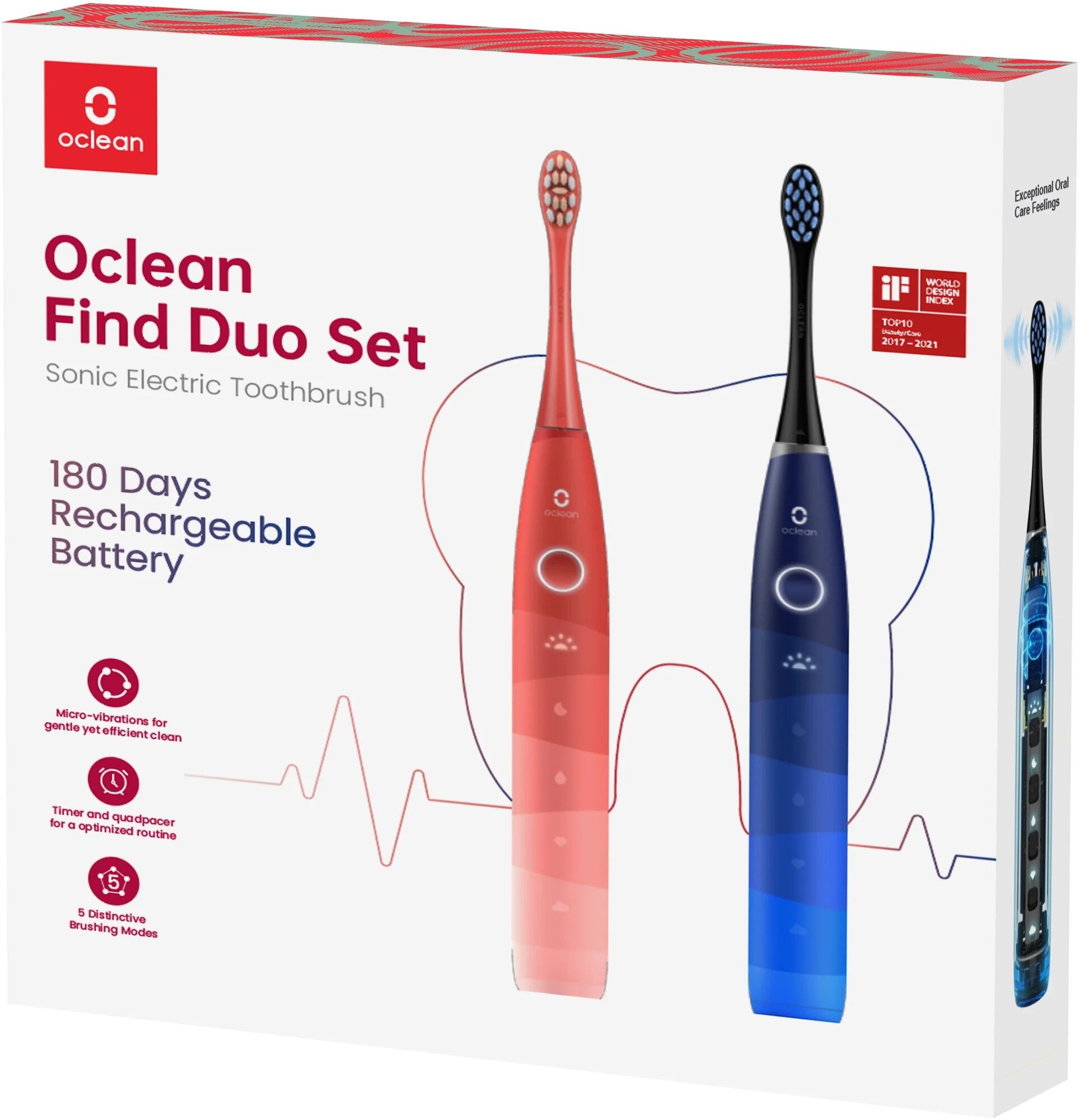 Электрическая зубная щетка Комплект 2в1 Oclean Find Duo Set (2 шт, Красная и Синяя) - фото №2