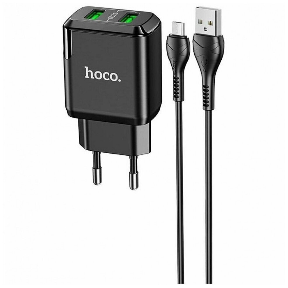 Блок питания сетевой 2 USB HOCO N6, Charmer, 3.0A, QC3.0, с кабелем микро USB, 1.0м, поликарбонат, 18W, цвет: черный