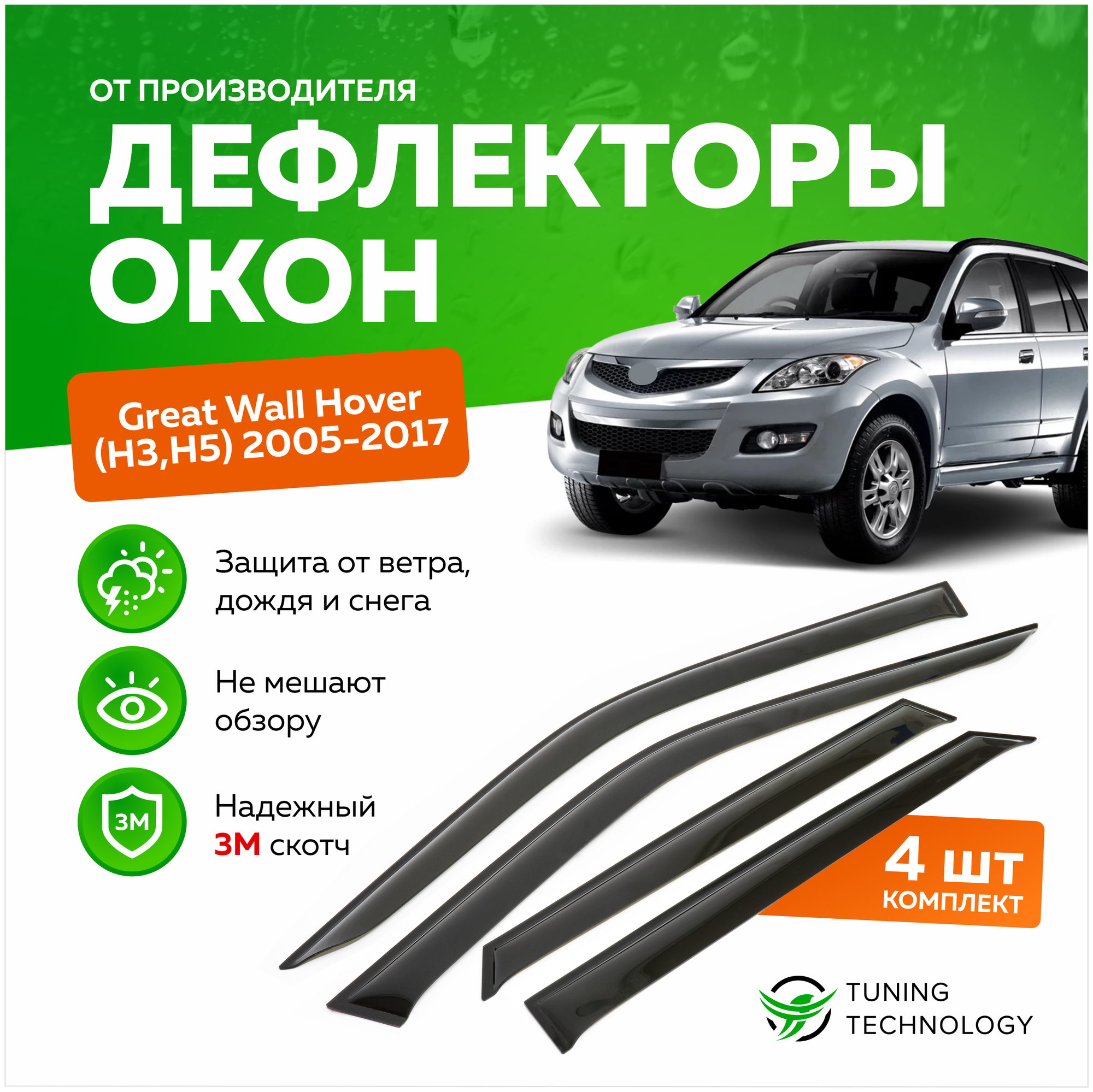 Дефлекторы боковых окон Great Wall Hover (Грейт Вол Ховер) H3 H5 2005-2017 ветровики на двери автомобиля ТТ