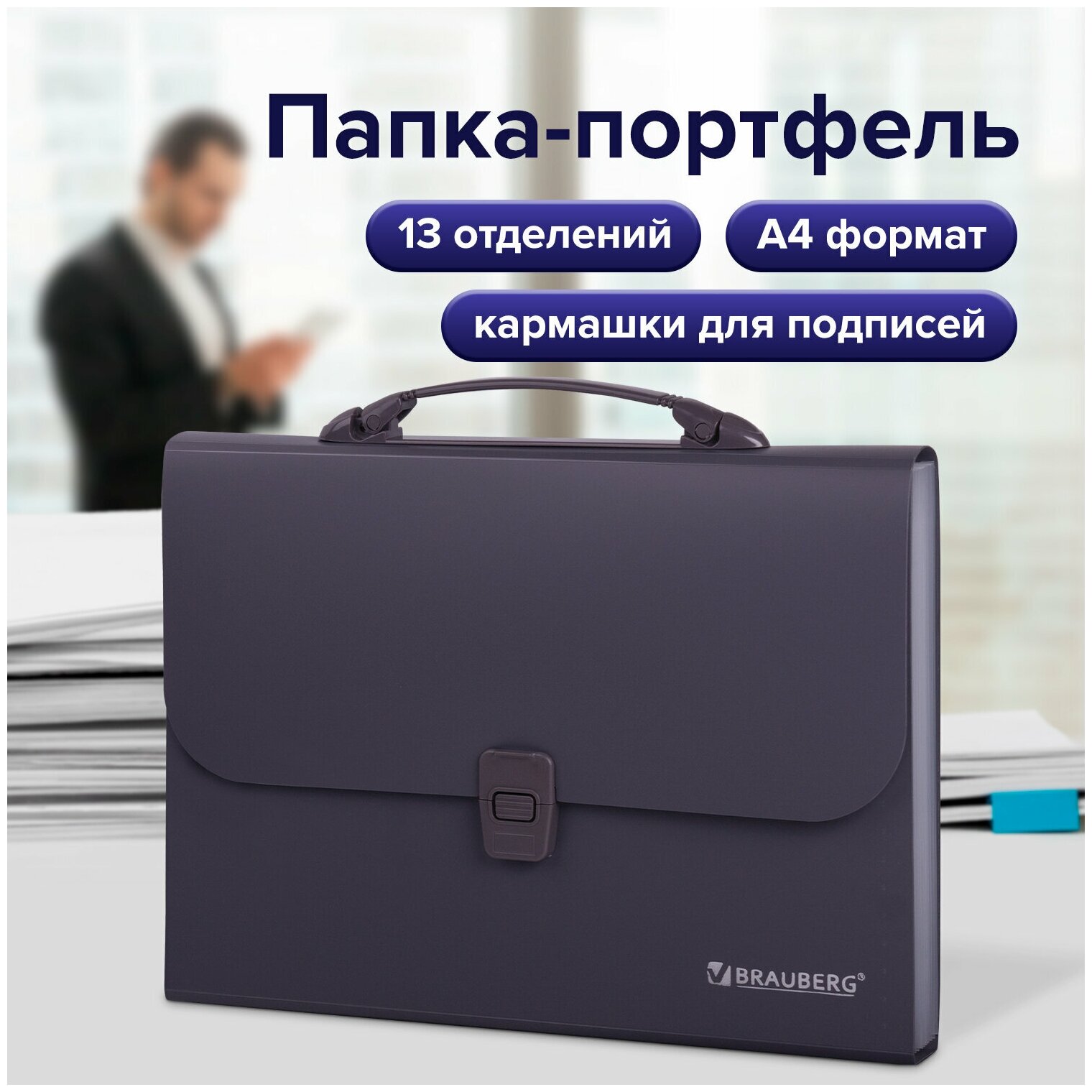 Папка-портфель пласт. BRAUBERG А4 (327х254х30мм), 13 отделений, серый, 221438