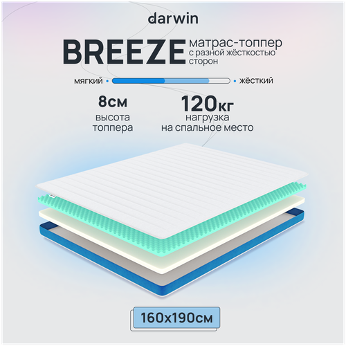 Матрас-топпер двухсторонний Darwin Breeze с эффектом памяти, анатомический, ортопедический, 160х190 см высота 8 см