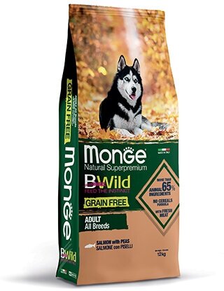 Сухой Беззерновой корм Монж Бивайлд для взрослых собак всех пород Лосось горох 12 кг