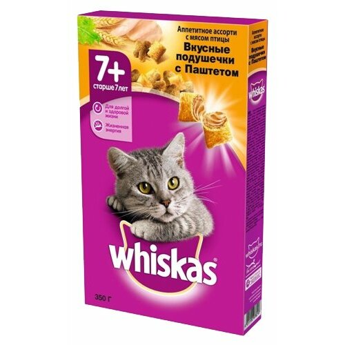 Корм сухой WHISKAS полнорационный для кошек старше 7-ми лет «Вкусные подушечки с нежным паштетом. Аппетитное ассорти с курицей и индейкой», 350г