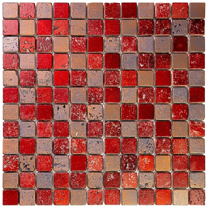 Мозаика Skalini GRD-2 из глянцево-матового (микс) травертина размер 30.5х30.5 см чип 23x23 мм толщ. 10 мм площадь 0.093 м2 на сетке