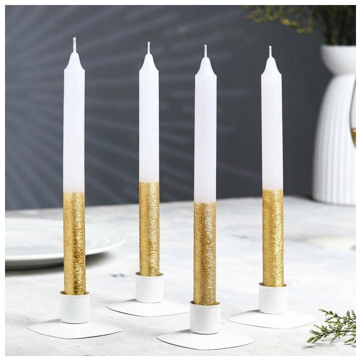 Дарим Красиво Набор свечей классических,1,9х 20 см, 4 шт, бело-золотой металлик
