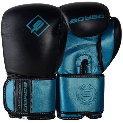 Перчатки боксерские BoyBo Existe BBG300, натуральная кожа, черный-голубой, 10 Oz