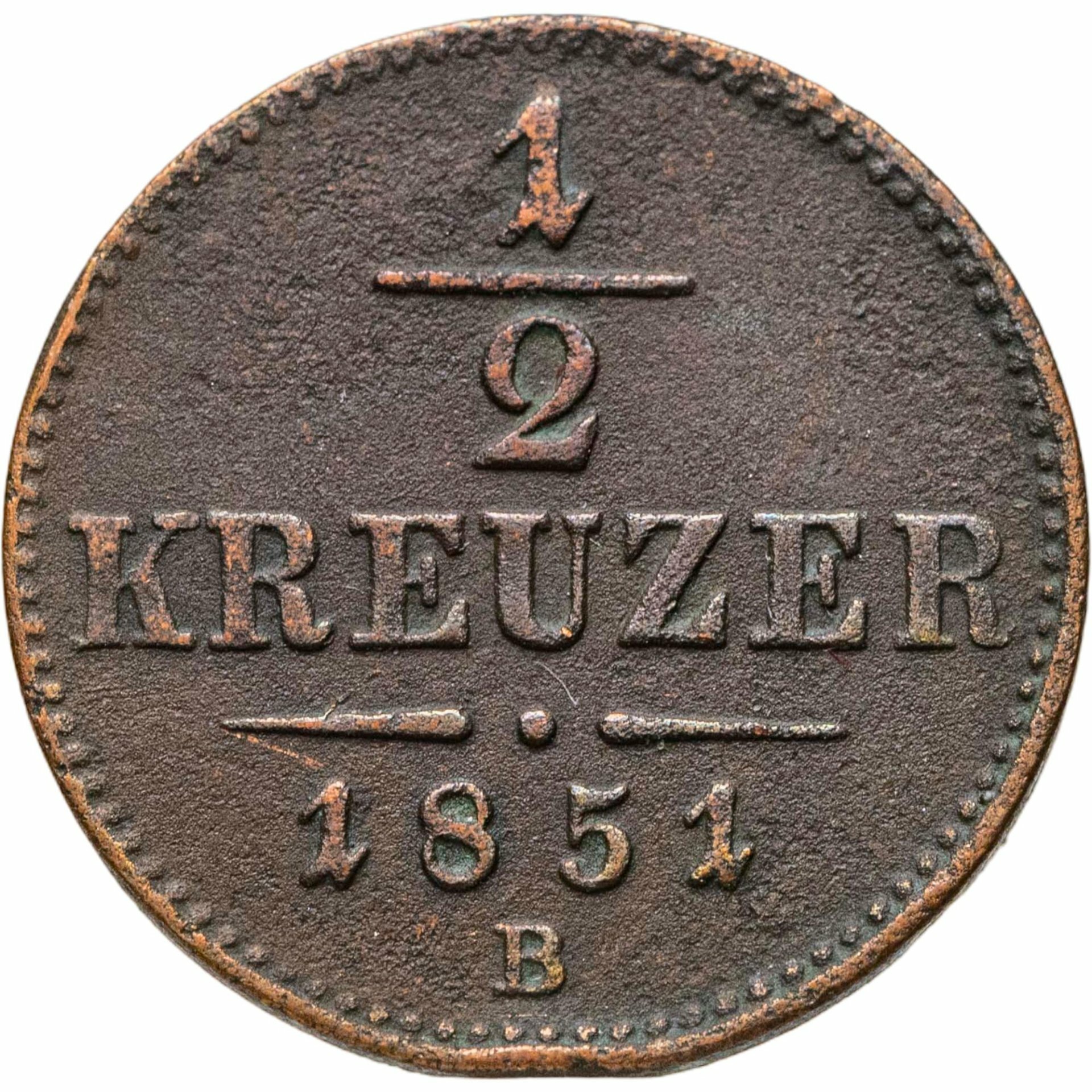 Австрия 1/2 крейцера kreuzer 1851, знак монетного двора "B" - Кремница, Медь, в сохранности VF