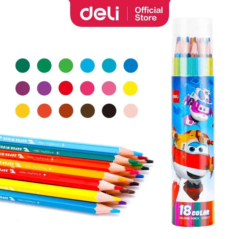 Карандаши цветные 18 цветов, Deli Super Wings, шестигранные, тополь, туба пластиковая