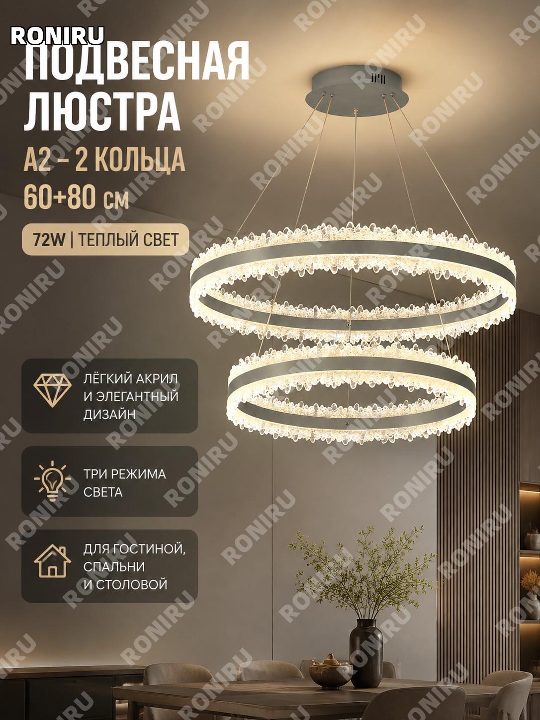 Люстра потолочная 60×80 см 72W A2, 2 кольца, космический серый, двуглавая капля, акрил, 3 цвета света в интерьере