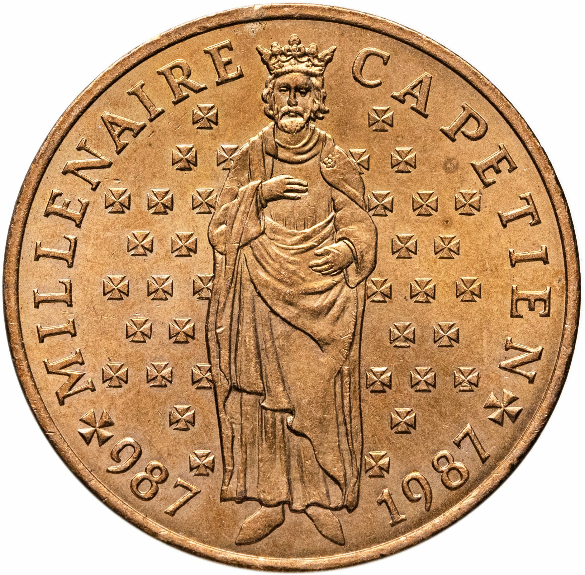 Франция 10 франков francs 1987 "Тысячелетие династии Капетингов", Латунь, в сохранности XF-AU