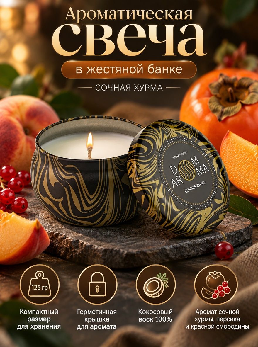 Ароматическая свеча DOM AROMA "Сочная хурма" в декоративной алюминиевой банке