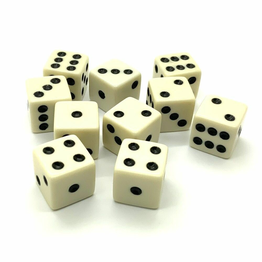 Кубики игральные шестигранные д6 16мм 10шт. Бежевые с острыми углами — фото 1