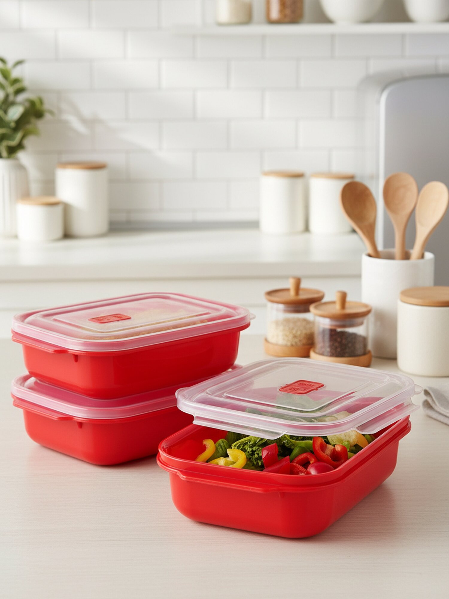 Набор пищевых контейнеров DDStyle 1.3 л, 3 шт, красный, прямоугольный с клапаном для СВЧ и заморозки