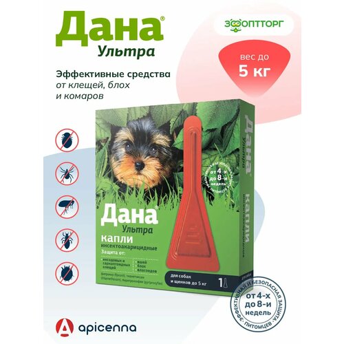 фото Apicenna раствор от блох и клещей дана ультра для щенков, собак, кошек, для домашних животных 1 шт. в уп., 1 уп.