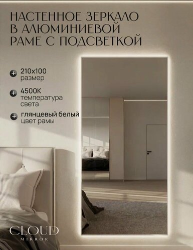 Изображение товара Зеркало 210х100 см черное с подсветкой Свет: Нейтральный белый 4500К. В алюминиевой раме интерьерное настенное CLOUD MIRROR
