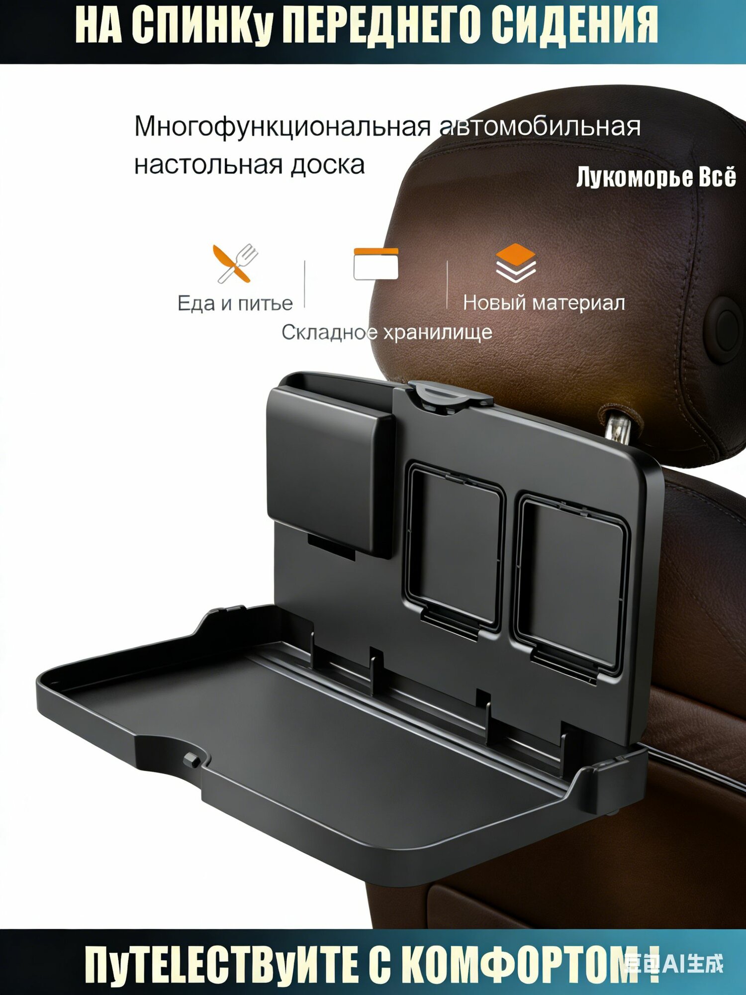 Складной автомобильный столик‑трансформер 34x20x4 на спинку переднего сиденья с подстаканниками и карманами для телефона