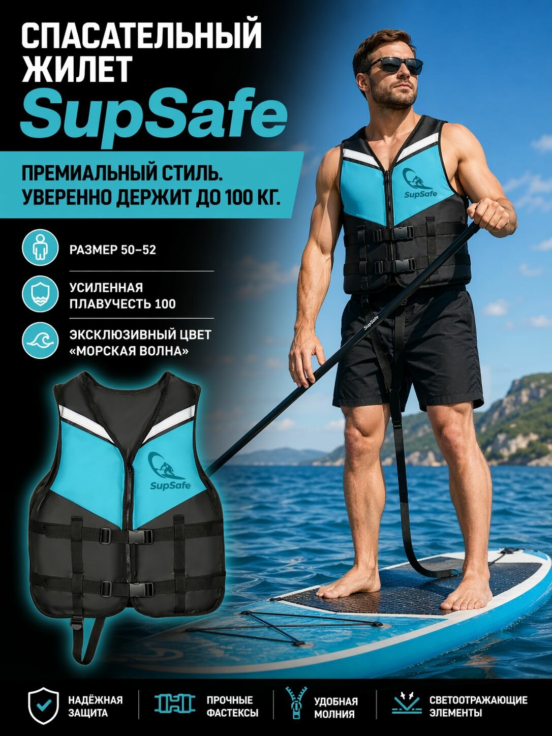 Спасательный жилет для сапборда (SUP), гидроцикла и катера SupSafe, страховочный спортивный взрослый до 100 кг, 50-52, черный/бирюзовый