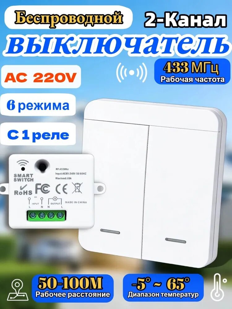 Беспроводной двухклавишный дистанционный выключатель света с 1 приемниками 433 МГц 220В