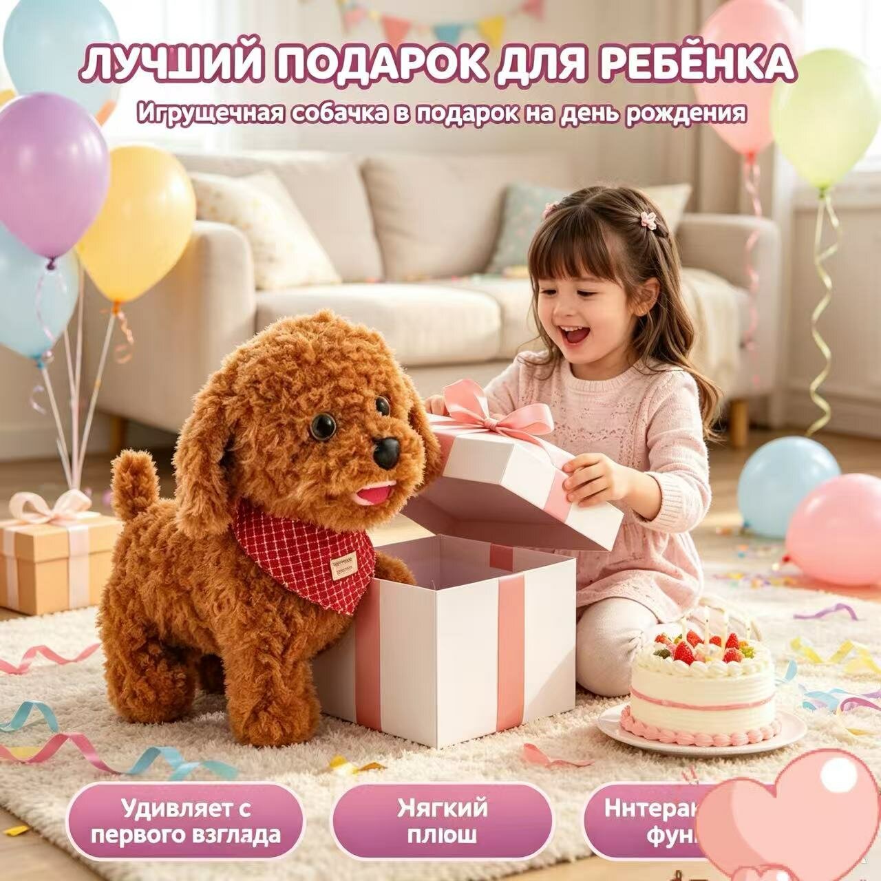 Интерактивная игрушка щенок на пульте-поводке желтый ходит лает реагирует на касания, искусственный мех, унисекс