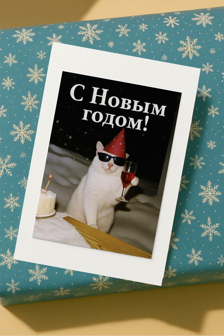 Открытка новогодняя « С новым годом» с котом размер 10*15 см