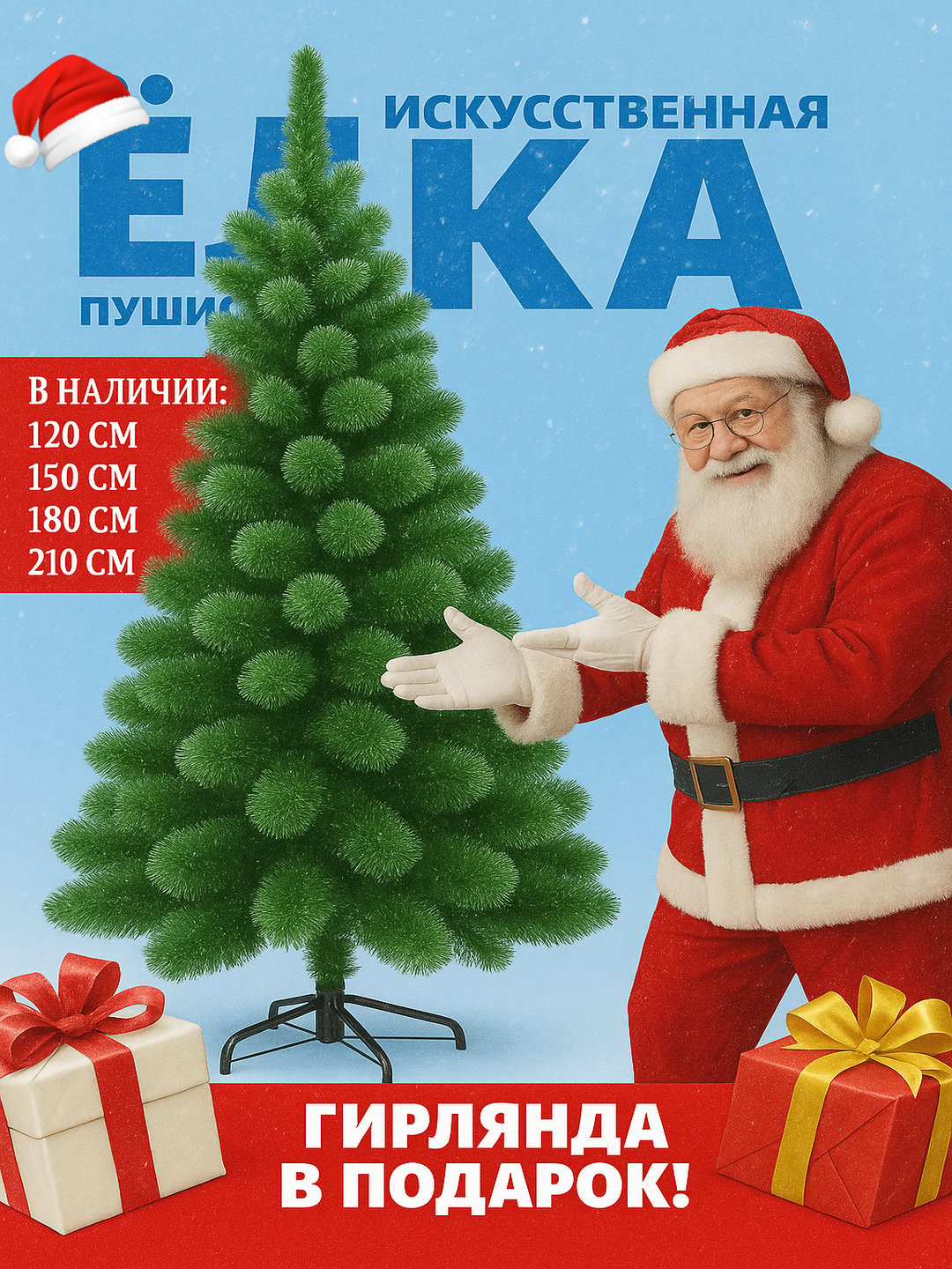 Ёлка новогодняя, искусственная, без снега: 120 см, 150 см, 180 см + новогодний подарок