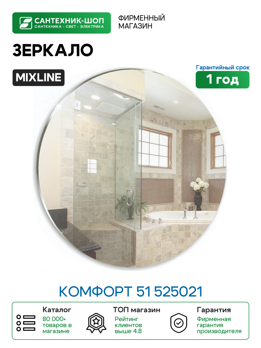 Зеркало Mixline Комфорт 51 525021 с полированной кромкой