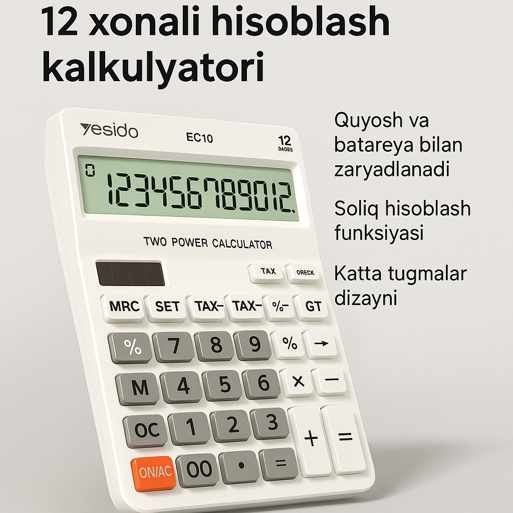 Yesido EC10 – 12-разрядный настольный калькулятор с солнечным и батарейным питанием
