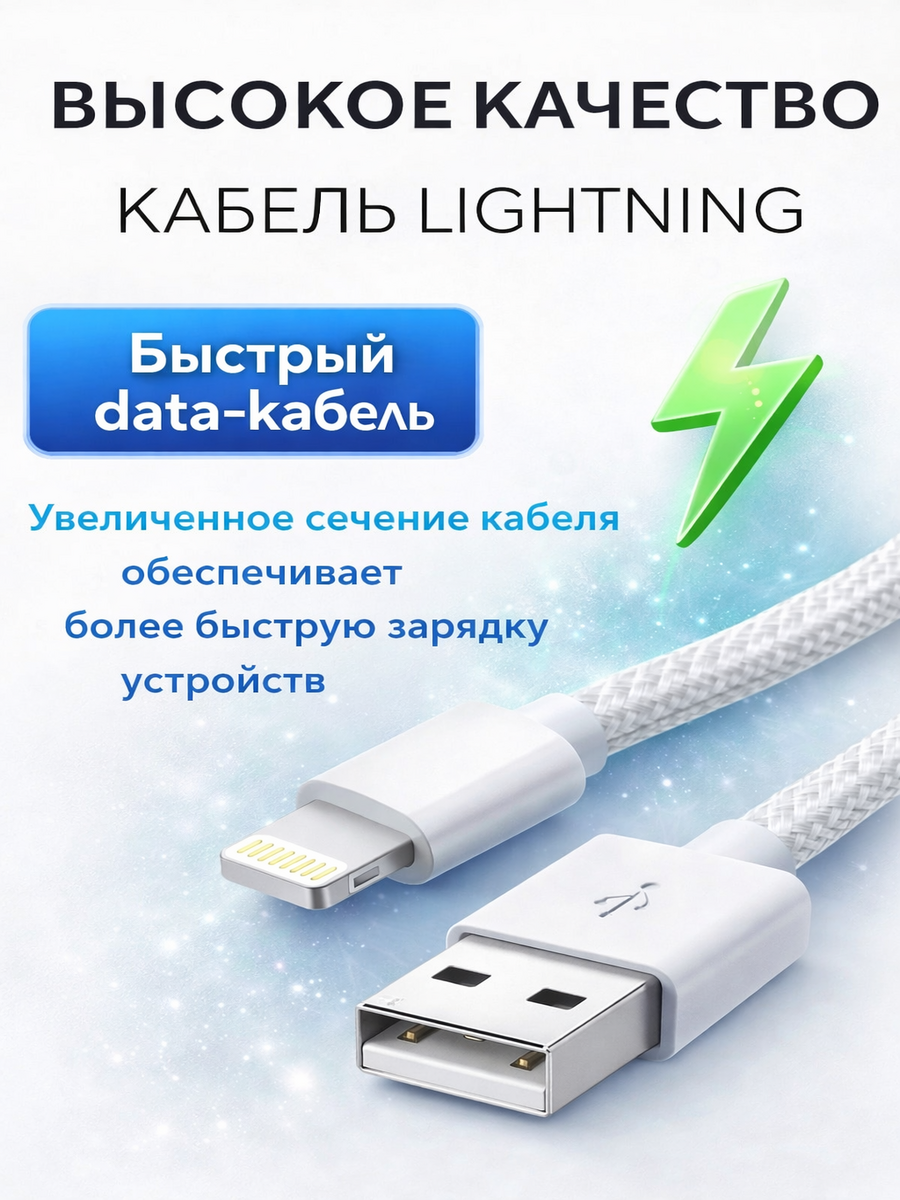 Кабель питания "Lightning - USB" для iPhone, iPad, AirPods, плетеный, 27 w, цвет белый, длина 1 м. — фото 1