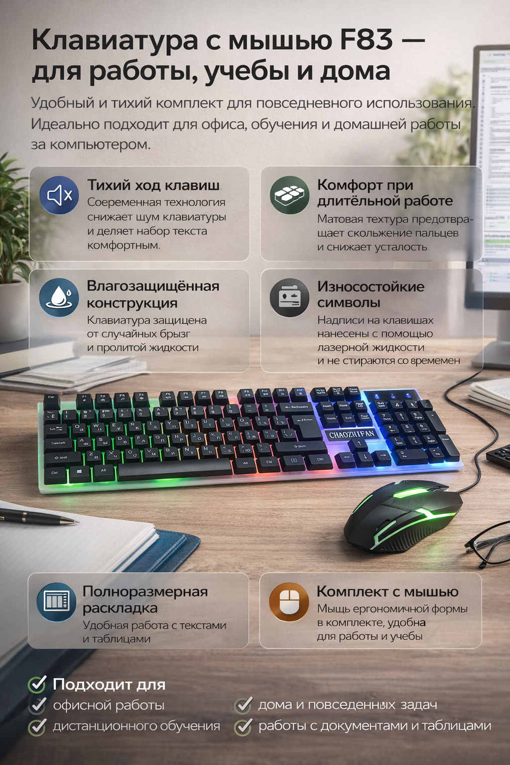 Комплект клавиатура с мышью F83, интерфейс USB, подсветка, матовые клавиши, черный