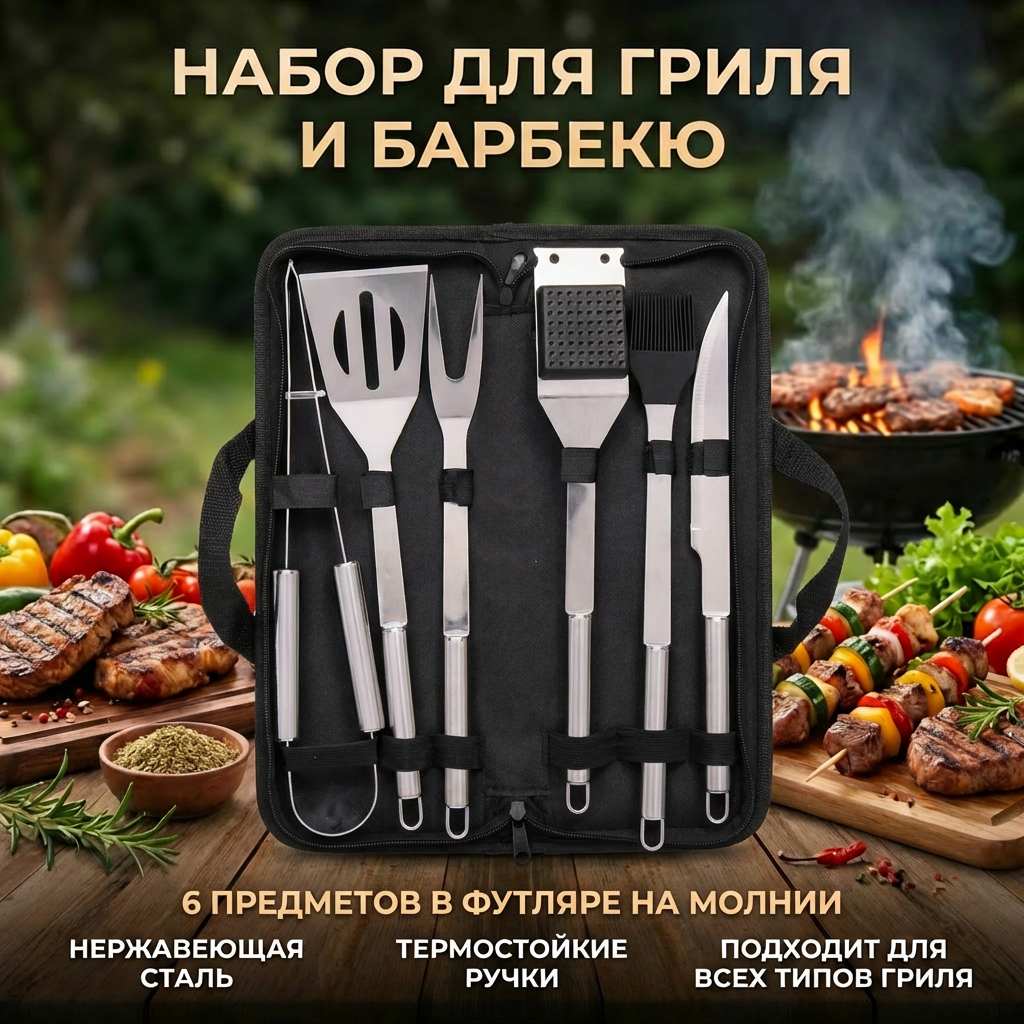 Набор для гриля 6 предметов в чехле: щипцы, лопатка, вилка, нож, кисточка, скребок из нержавеющей стали