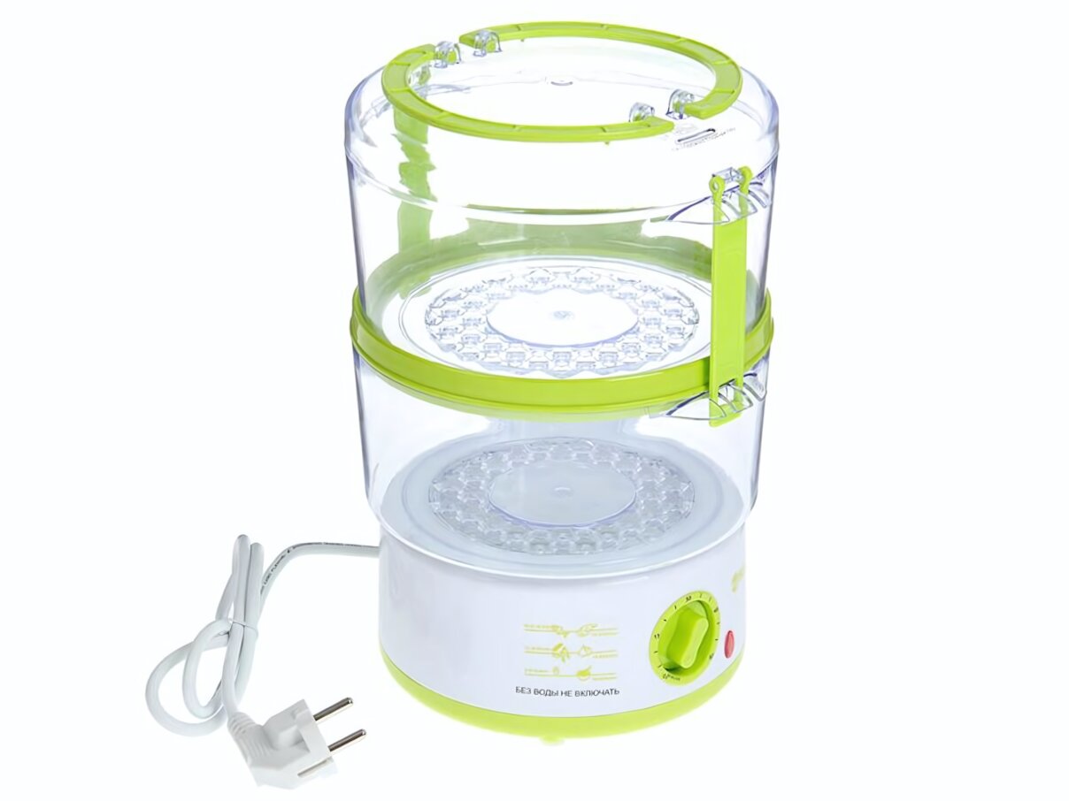 Пароварка электрическая sakura 5 л, 2 яруса, 500 вт, таймер 60 мин, бело-зеленая, пластик